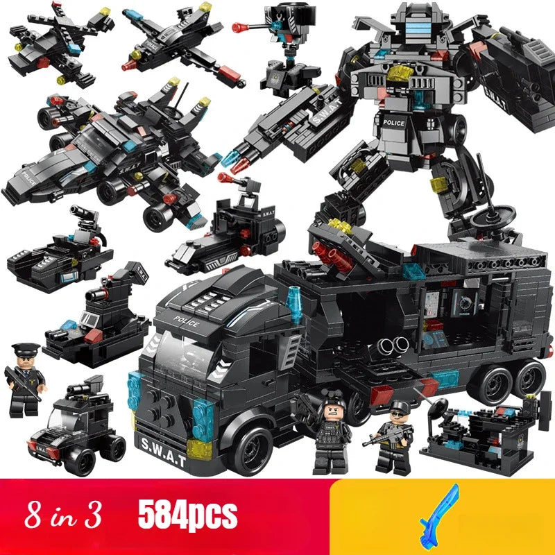 585pcs 8 in 1 SWAT Police Station Truck Model Building Blocks Set City Helicopter Bricks Toys for Kids Gifts