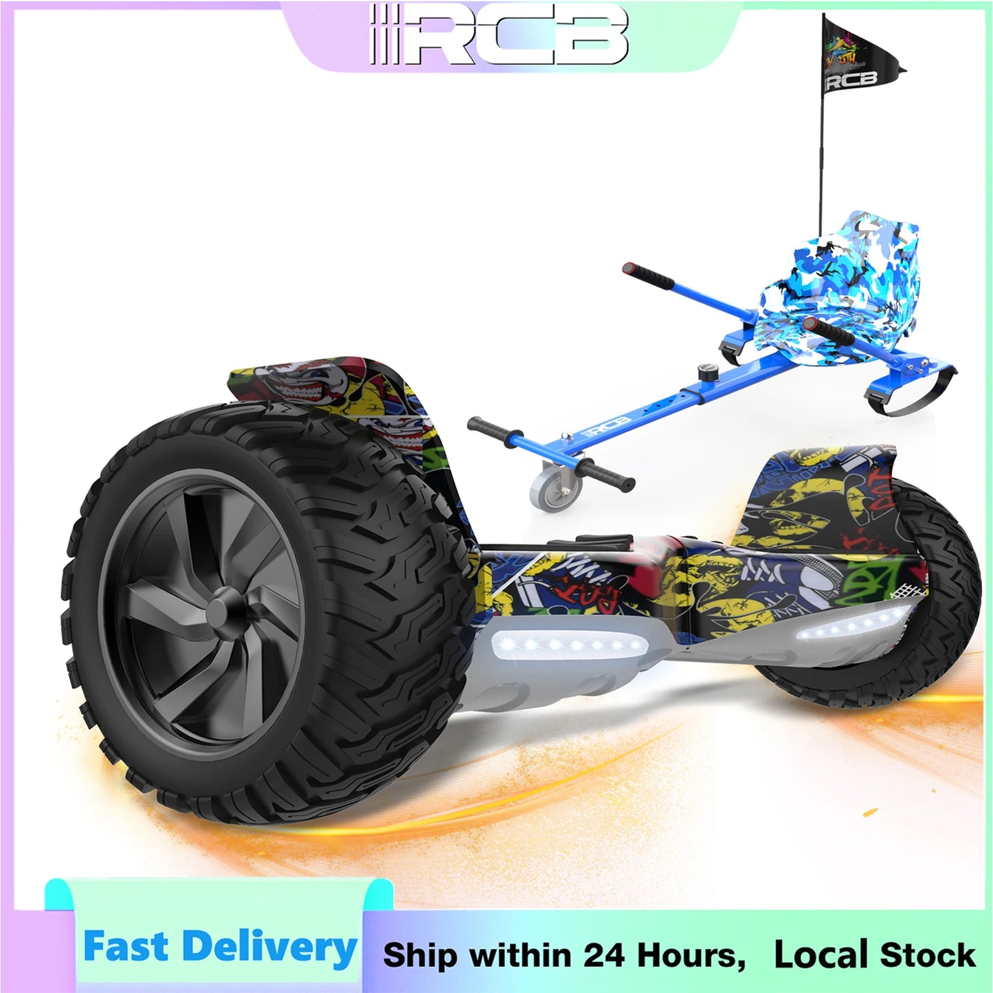 RCB 8.5" All Terrain Hoverboard with Hoverkart, Self Balancing Electric Scooter with LED and Speaker