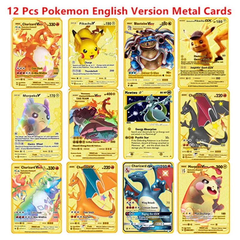Pokemon English Metal Card Anime Pikachu Charizard Mewtwo Blastoise Vmax Shiny Letters Collection