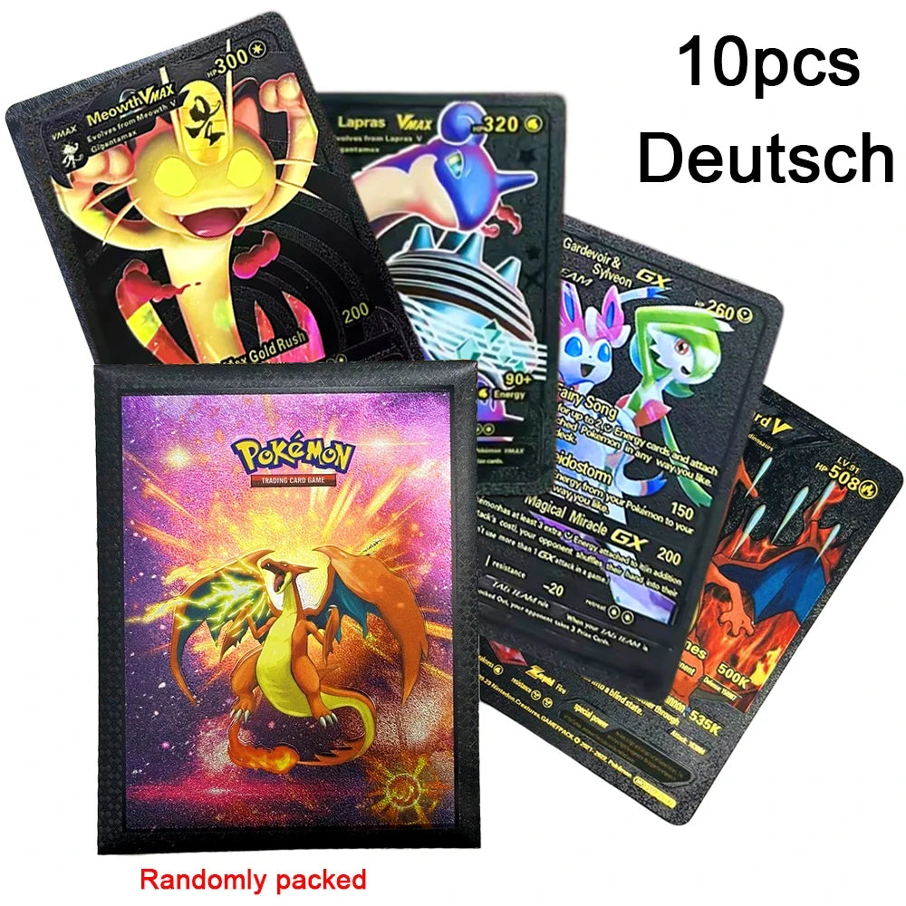 10-55Pcs Pokemon Gold Foil Cards Golden Letters English Spanish French German Game Card Metalicas Charizard Vmax Gx Series