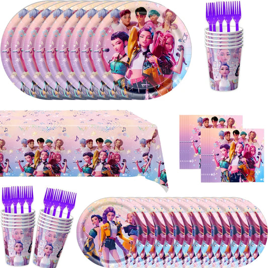 Korean Anime Kpop Demon Hunters Birthday and Christmas Party Decoration Outdoors Set-Balloons Banner Cake Topper And Stickifiers