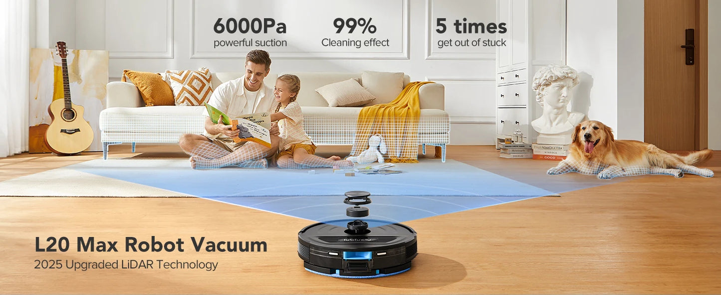 Lubluelu L20Max Self-Emptying 3-in-1 Robot Vacuum Mop - 6000Pa Suction LiDAR Navigation Large Dust Bag Hands-Free 120min Runtime
