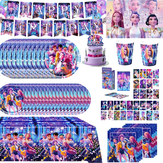 K-Ppop Demon Hunter Themed Birthday Disposable Paper Tableware with Cups Plates Cake Topper Favors BalloonGift Bag for Christmas