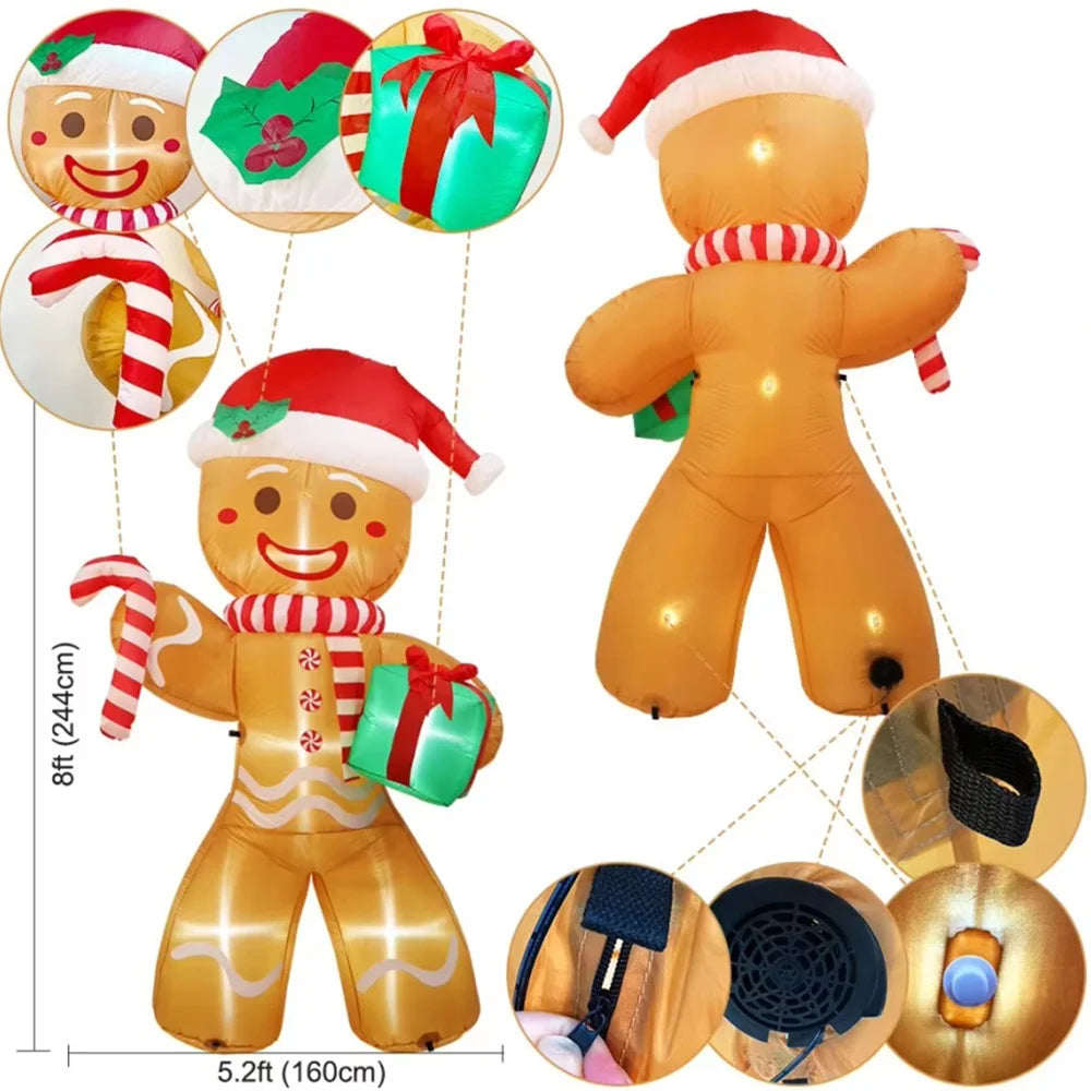 8FT/2.4M Christmas Inflatables Gingerbread Man with Gift Pack Xmas Yard Decorations