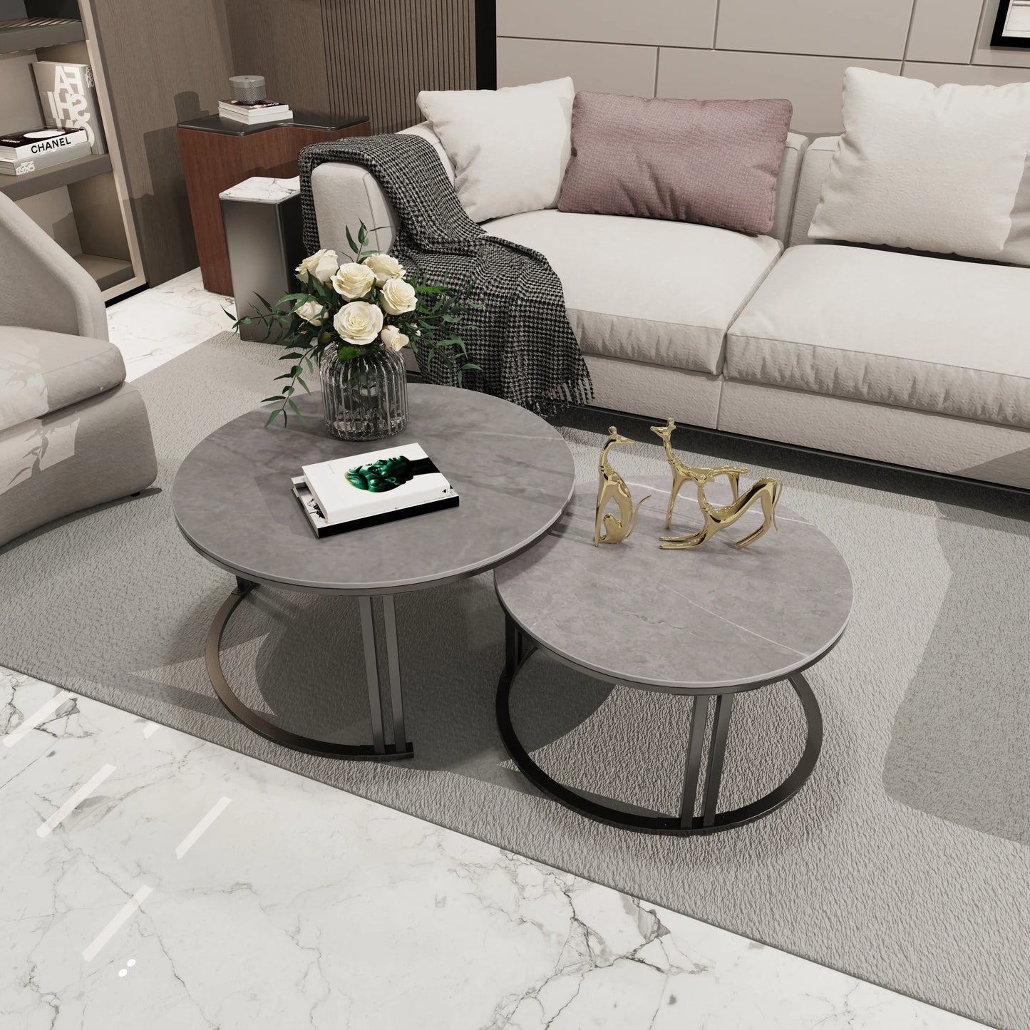 Modern Nesting Coffee Table Set of 2, Center Table with Sintered Stone Top and Metal Base for Living Rooms, Apartments