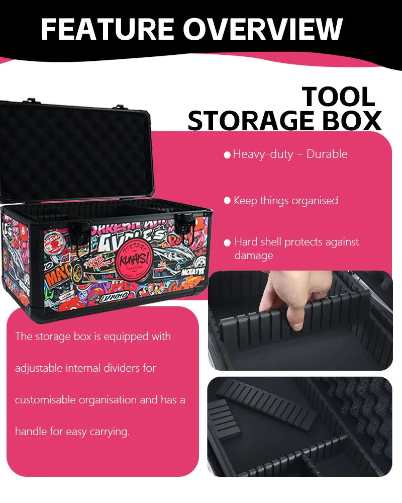 KUNAISI Graffiti Large Aluminum Alloy Toolbox Durable Multi Functional Double layer adjustable size storage box 43*23*24.5cm