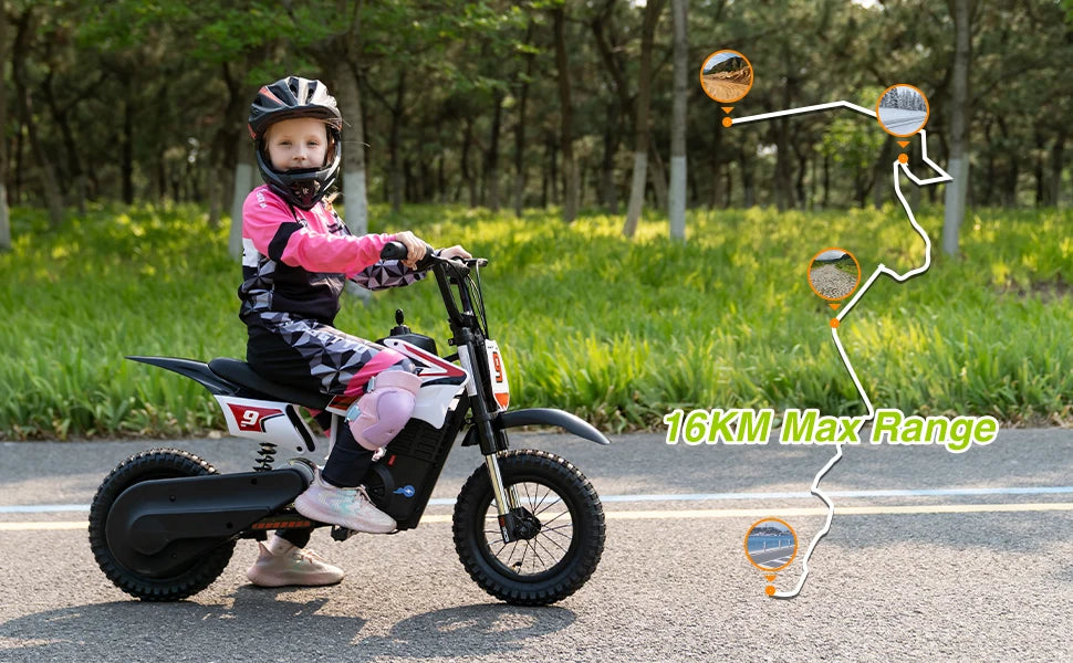 RCB Electric Motorcycle Kids, 36V 350W R9X PRO- Up 25KM/H &16KM Long-Range, 3-Speed