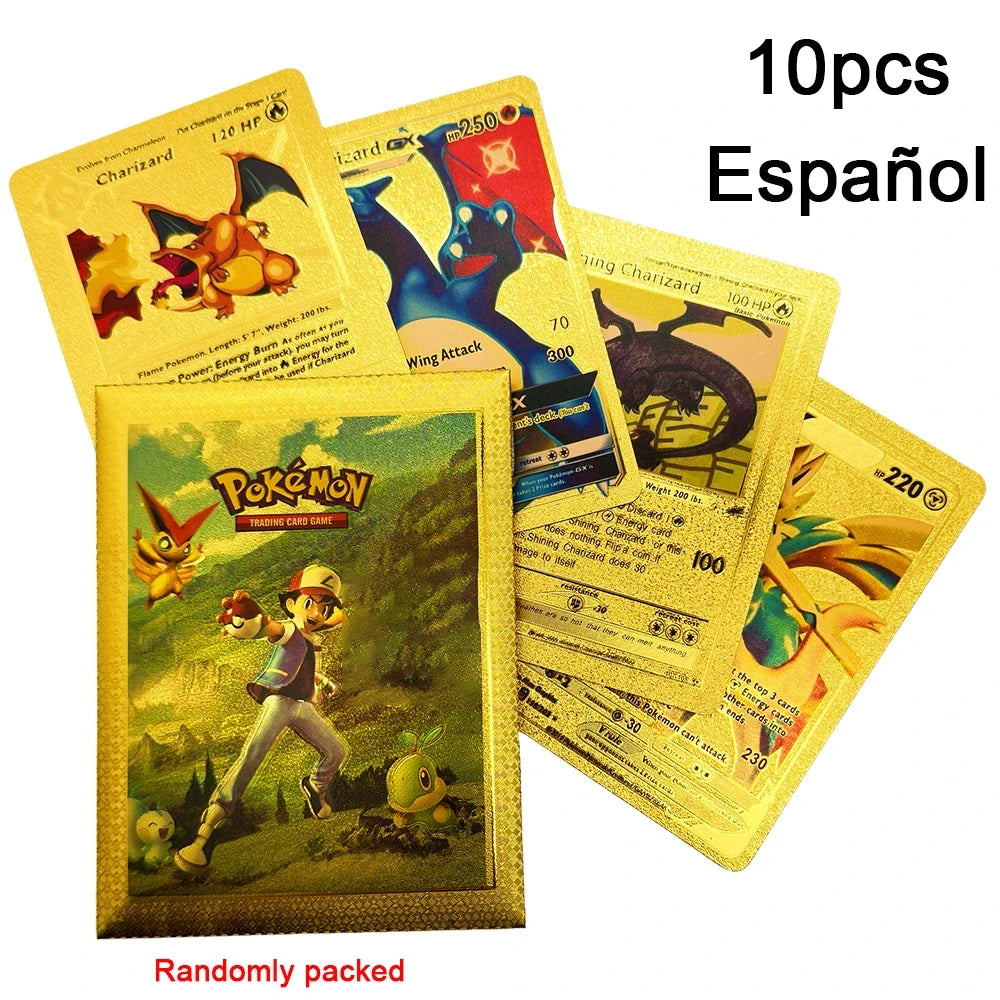 10-55Pcs Pokemon Gold Foil Cards Golden Letters English Spanish French German Game Card Metalicas Charizard Vmax Gx Series