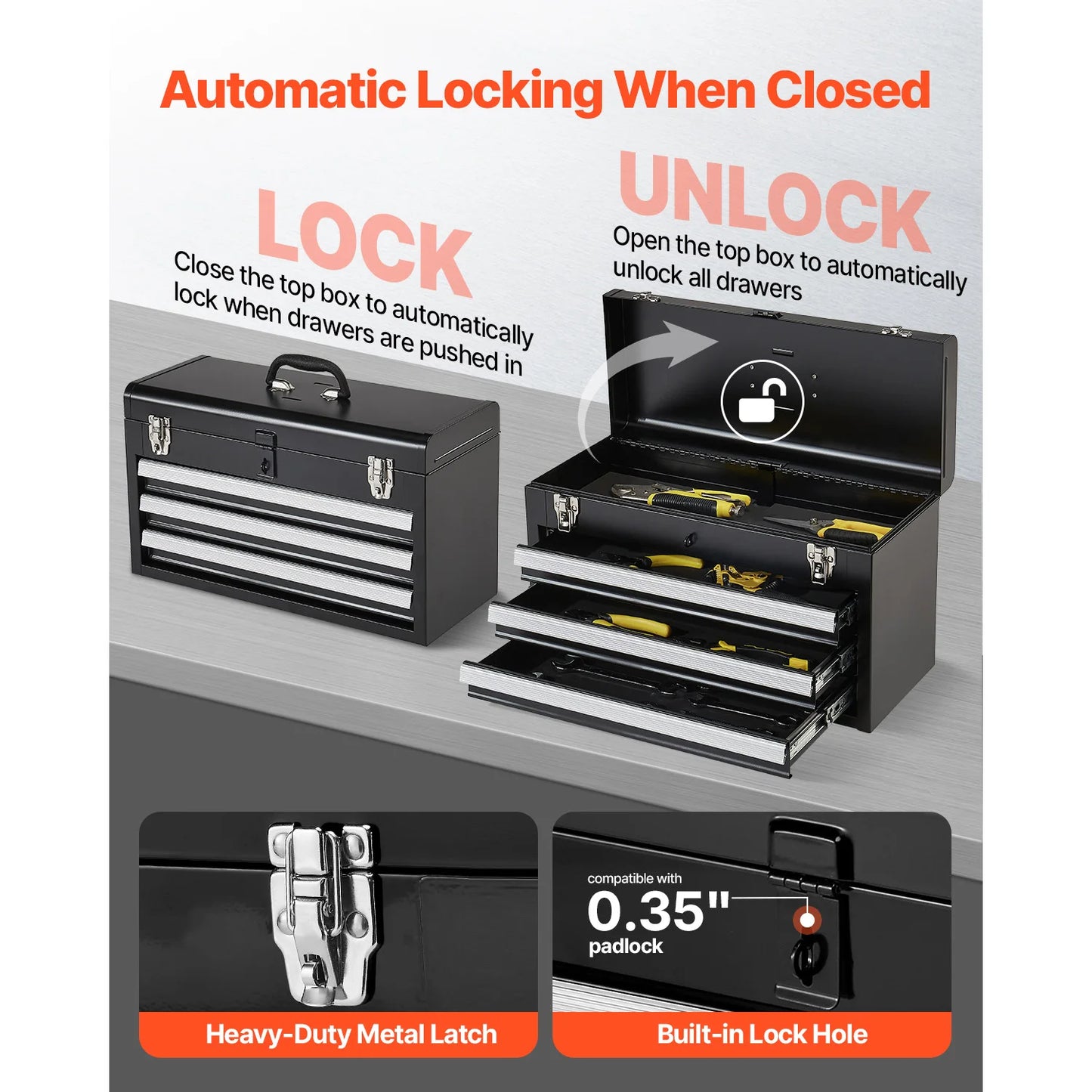 SucceBuy 20in 3-Drawer Metal Tool Box Black/Red Tool Chest with EVA Liners Multifunction Tool Organizer for Garage & Workshop