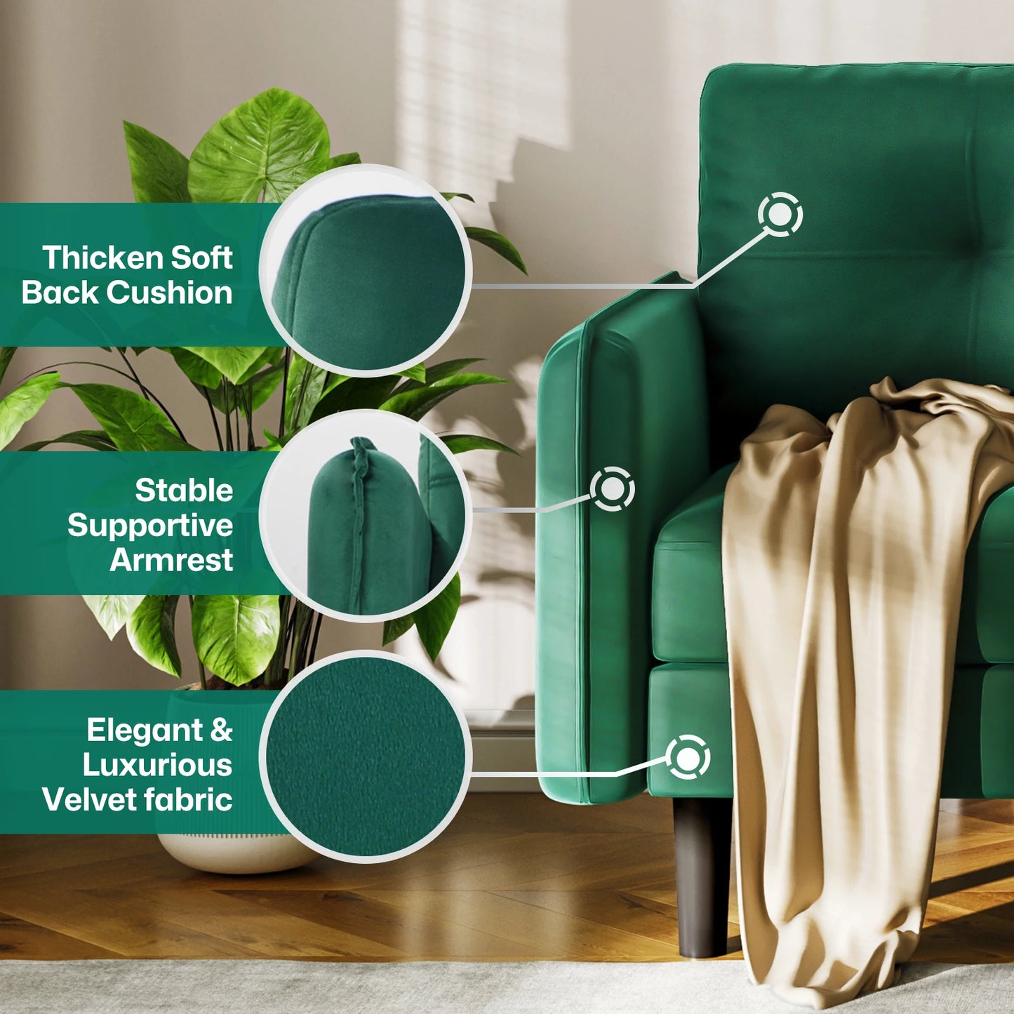 2 Seater Sofa, Modern Velvet Sofa Couch with Thicken Cushions for Living Room, Bedroom, Apartment,