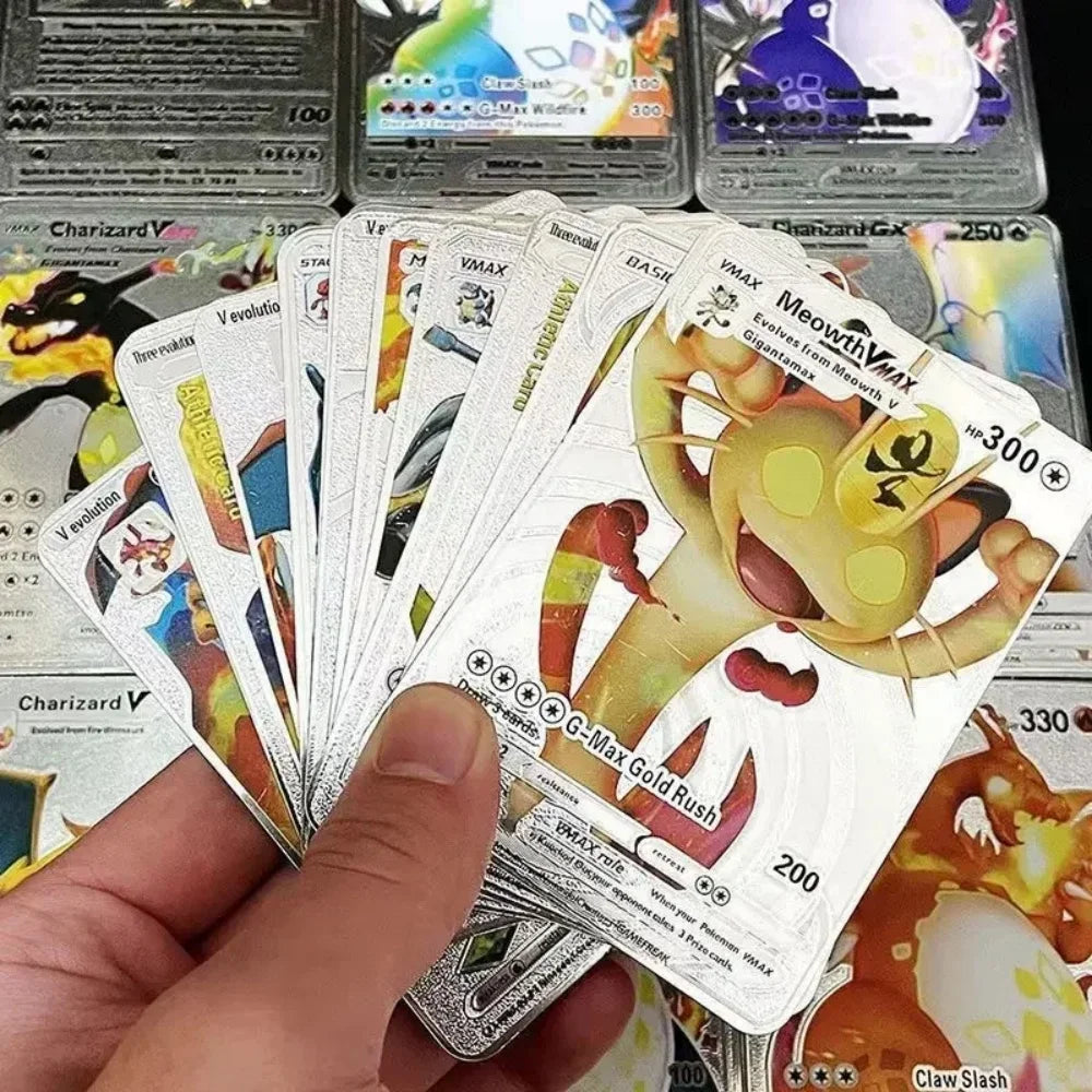 10-55Pcs Pokemon Gold Foil Cards Golden Letters English Spanish French German Game Card Metalicas Charizard Vmax Gx Series