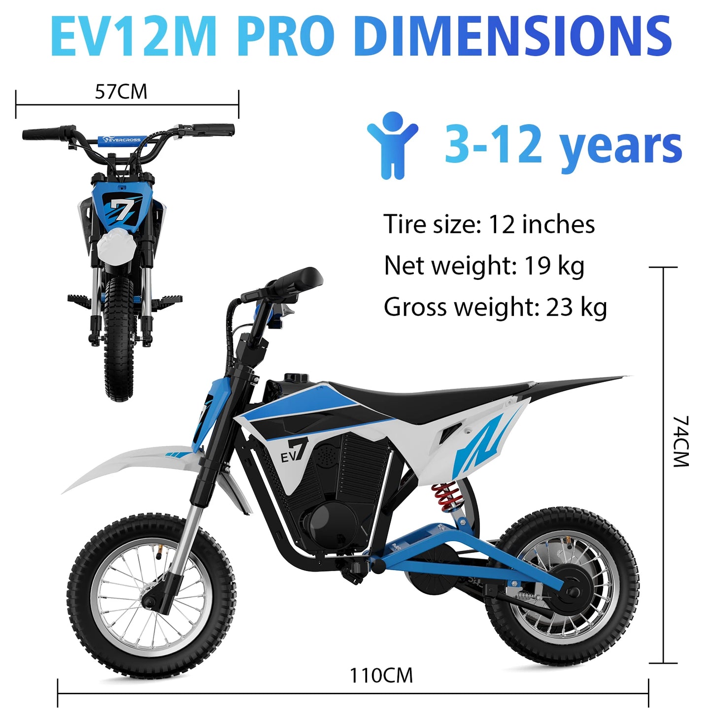 Children's Electric Dirt Bike EVERCROSS PLUS EV12M Pro - 300W, 25 km/h, 15 km Range, Bluetooth & LED, 12'' Tires
