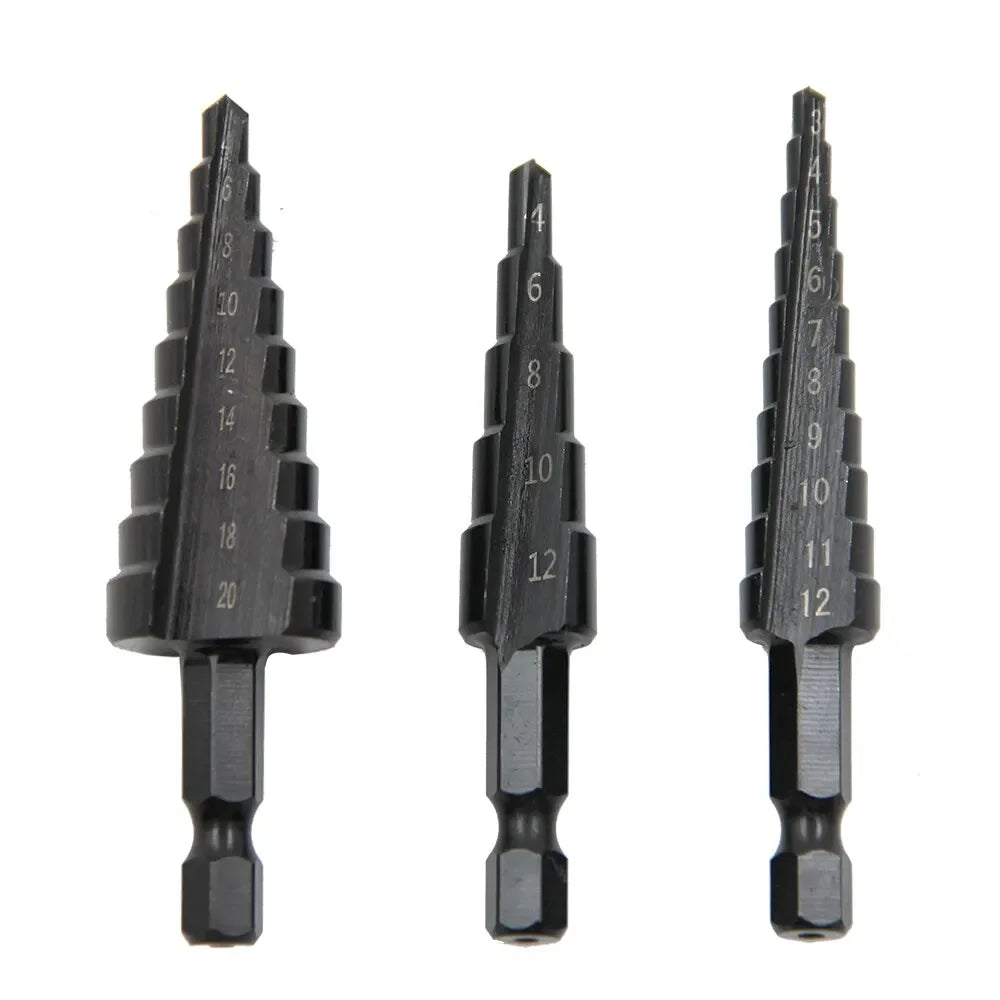 3pc Black Hexagonal Shank Straight Slot Ladder Drill Bit Reaming and Hole Opening Drill Tool Set