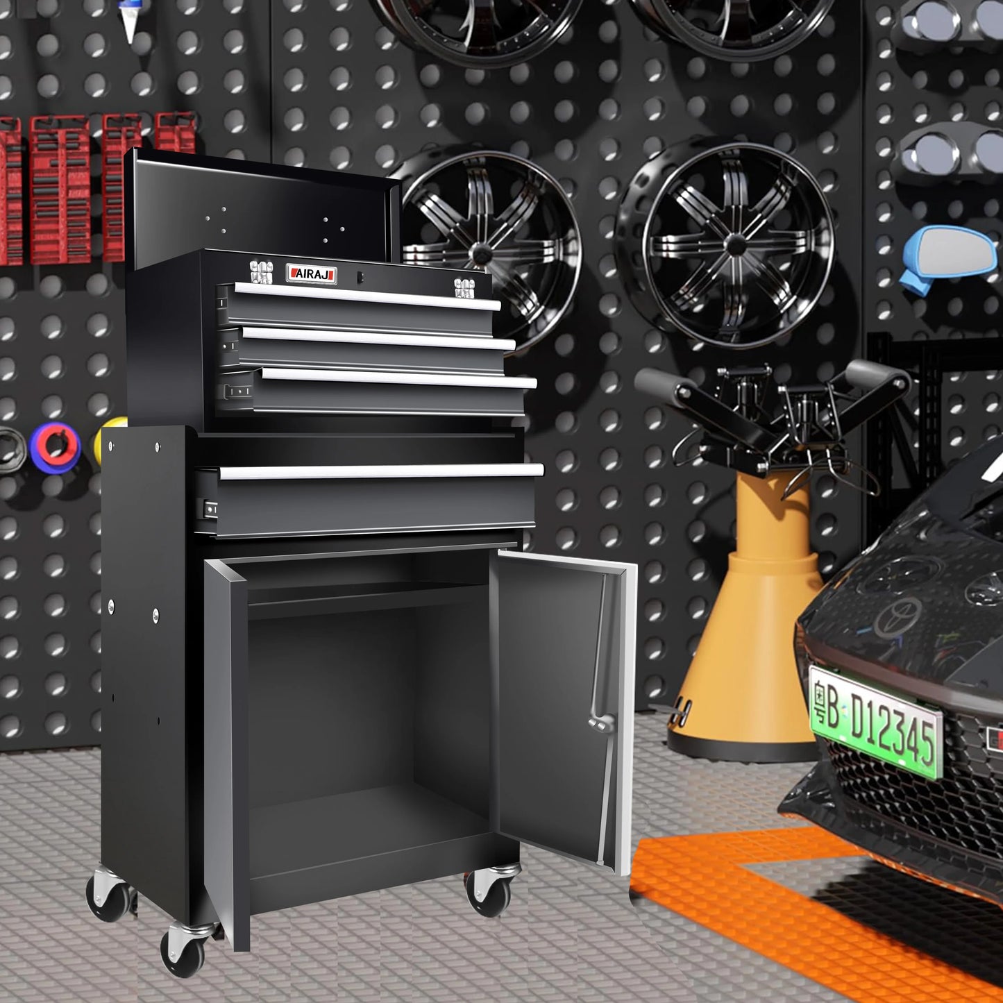 Double Door Four Drawer Rolling Tool Chest, Lockable Detachable Top Large Tool Cabinet, Padded Metal Toolbox