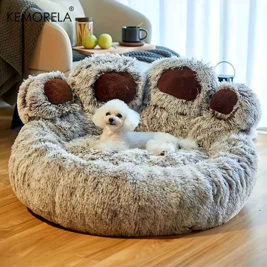 KEMORELA Creative Bear Paw-Shaped Plush Pet Nest Non-Slip Bottom Design Suitable for Small Pet Cats and Dogs