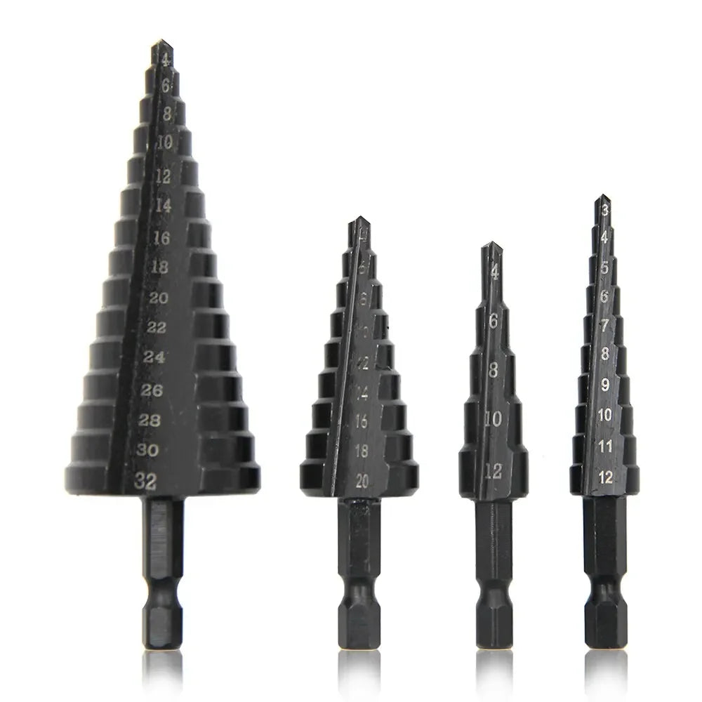 3pc Black Hexagonal Shank Straight Slot Ladder Drill Bit Reaming and Hole Opening Drill Tool Set