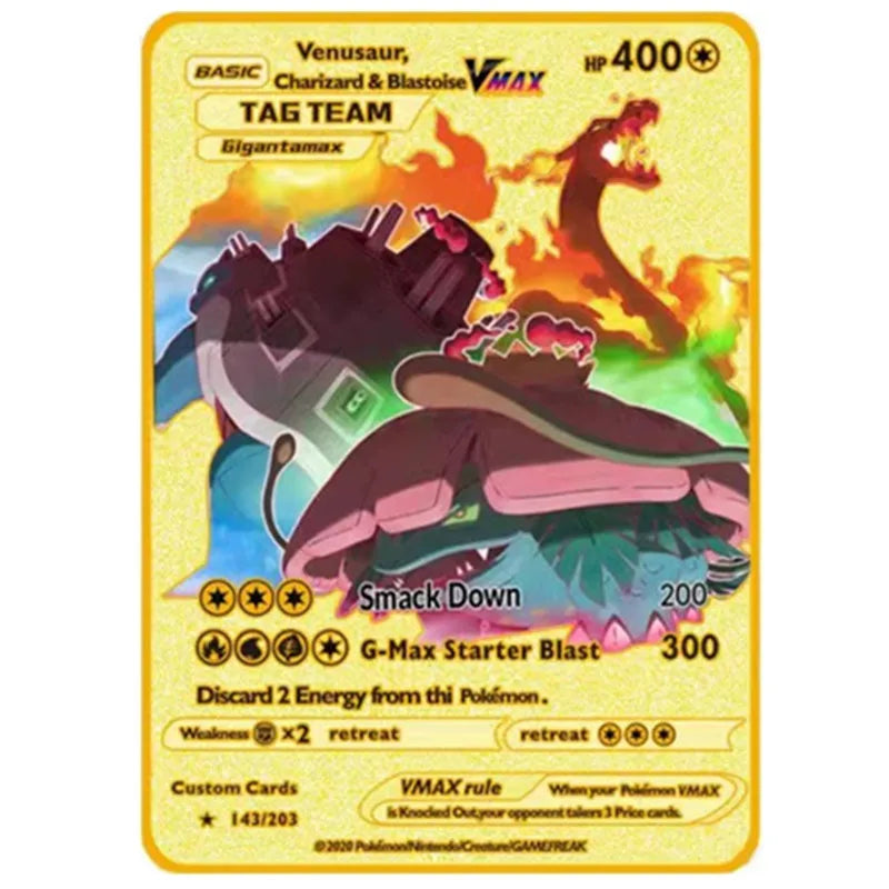 Pokemon English Metal Card Anime Pikachu Charizard Mewtwo Blastoise Vmax Shiny Letters Collection
