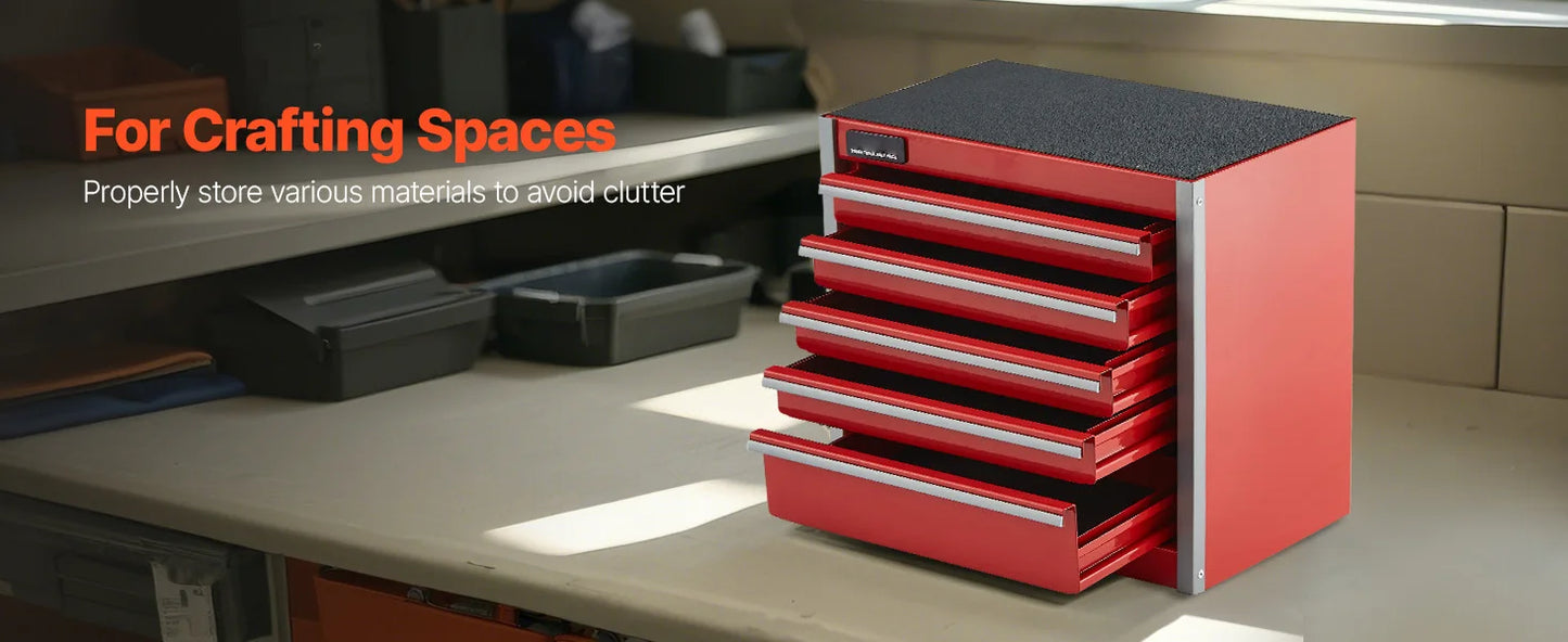 5-Drawer 8.6in Metal Tool Box Red/Black Portable Small Tool Chest with PP Feet Pads for Garage Workshop Tools Storage