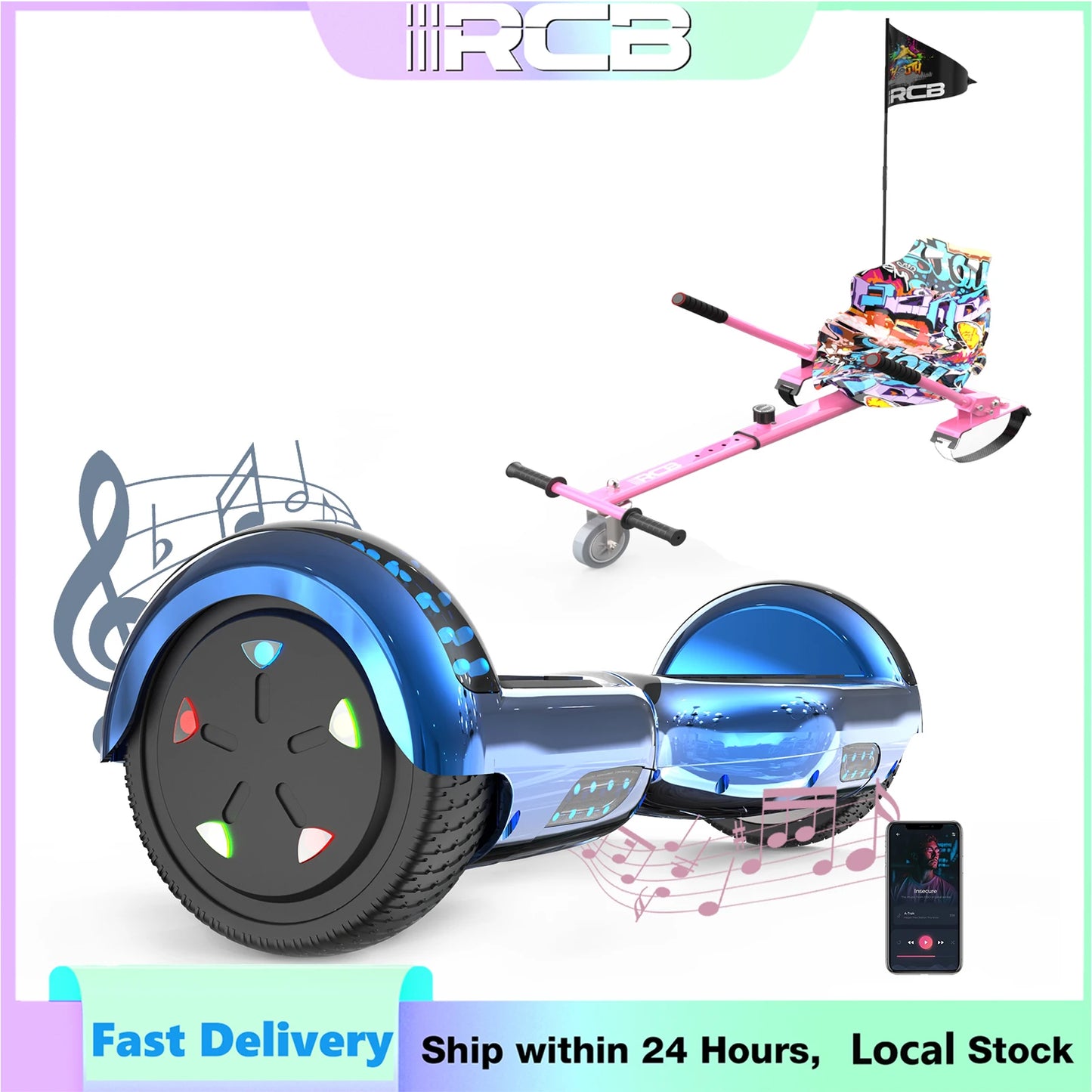 RCB 6.5-Inch Hoverboard with Go-Kart, Non-Slip Tire, LED Lights, Built-in Safety System, Electric Hoverboard for Kids & Adults