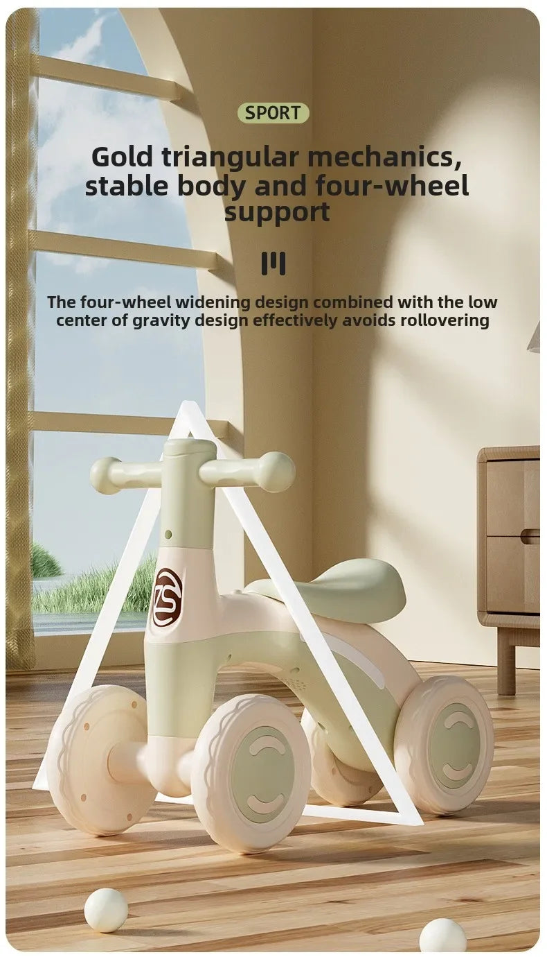Anti-Tip Baby Balance Bike Ages 1-3 4-Wheel Silent Glider Walker Training Ride-On with Safety Wheels