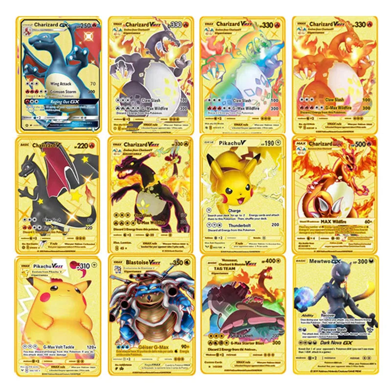 Pokemon English Metal Card Anime Pikachu Charizard Mewtwo Blastoise Vmax Shiny Letters Collection