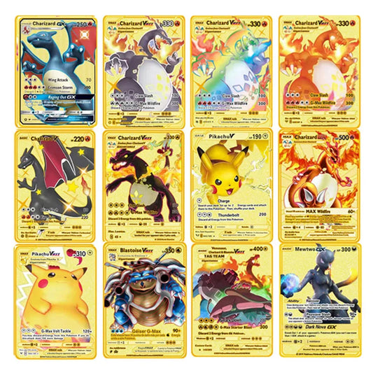 Pokemon English Metal Card Anime Pikachu Charizard Mewtwo Blastoise Vmax Shiny Letters Collection