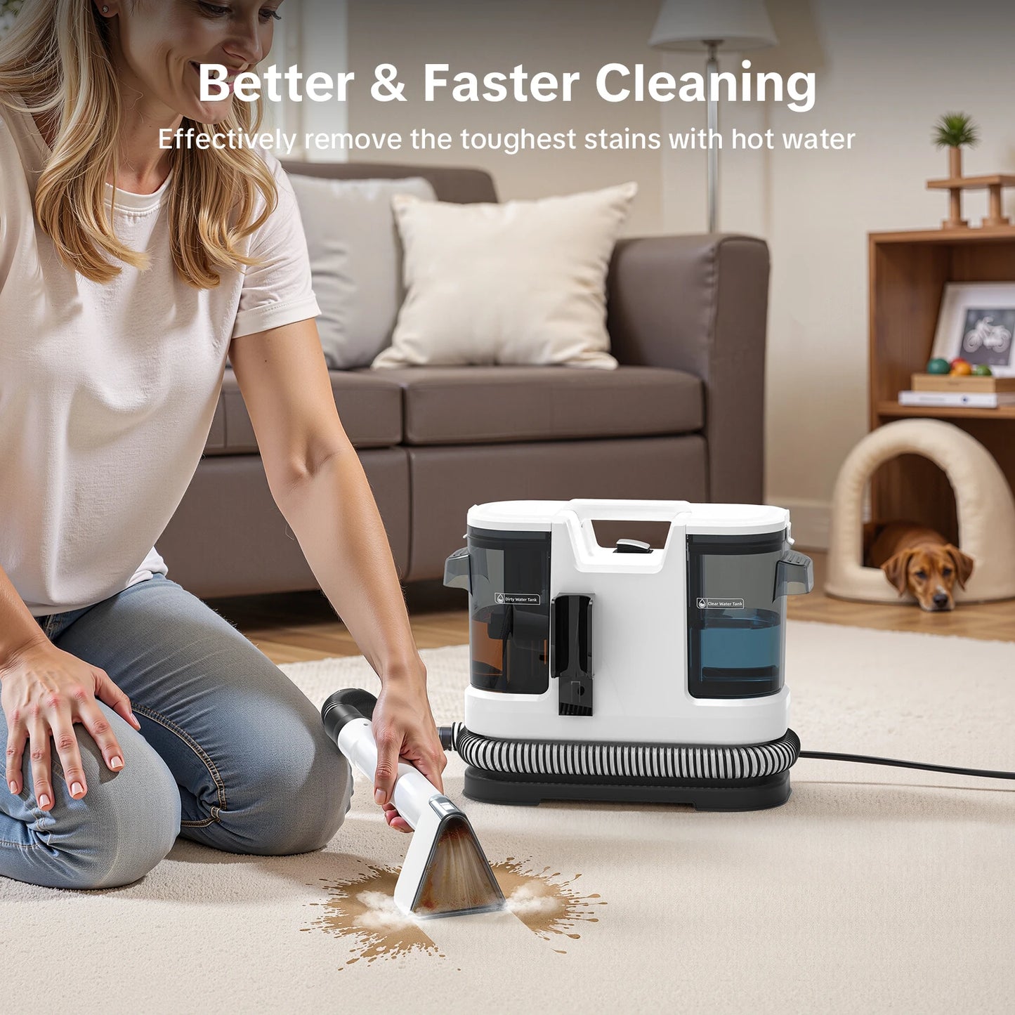 Lubluelu V8 800W Hot Water Carpet Cleaner  60°C Deep Clean Pet Stains 15kPa Strong Suction 5M Long Power Cord 1.75L Tank