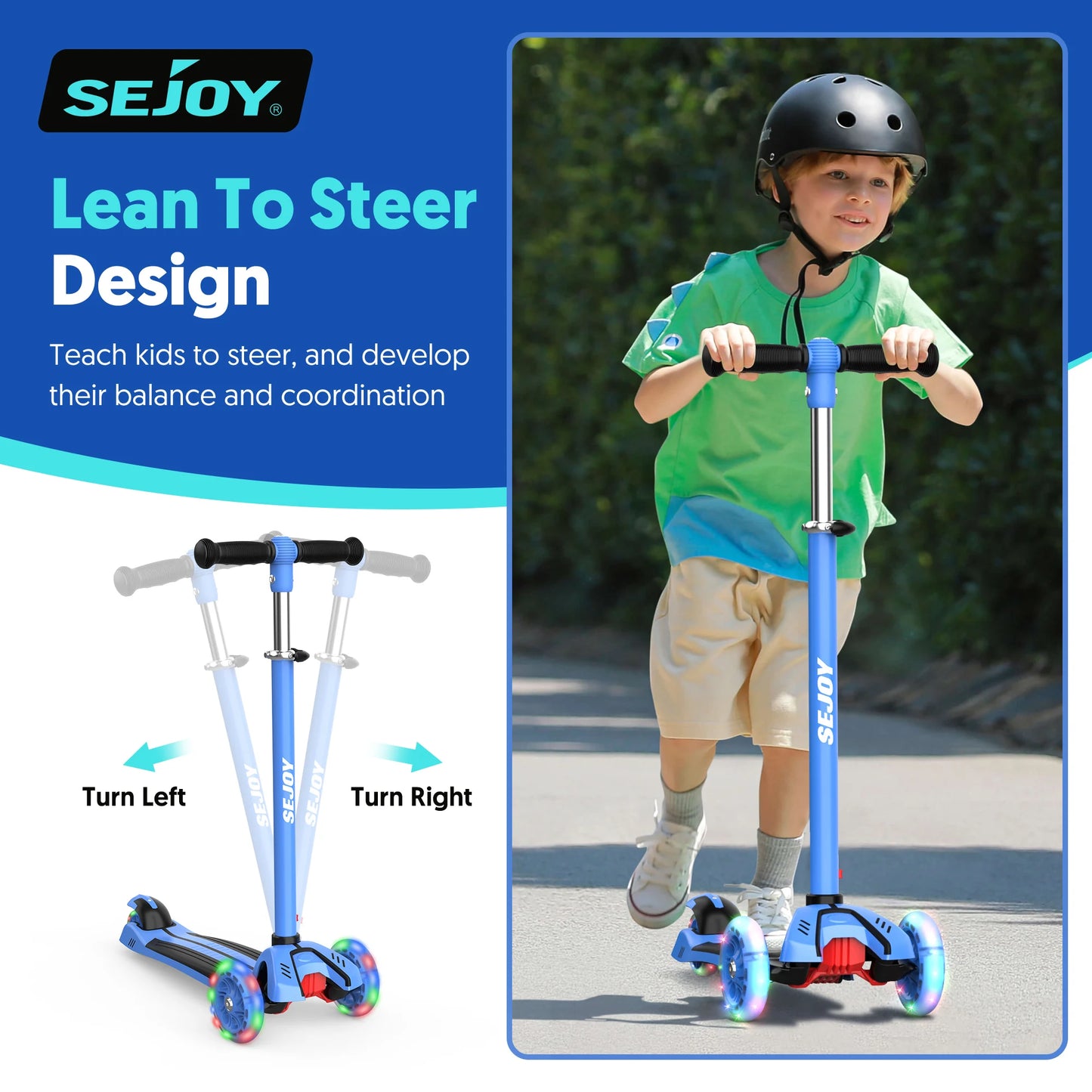Adjustable foldable pedal Kids Scooter Light-Up 3 Wheels Adjustable Height to Steer for Ages 3-10