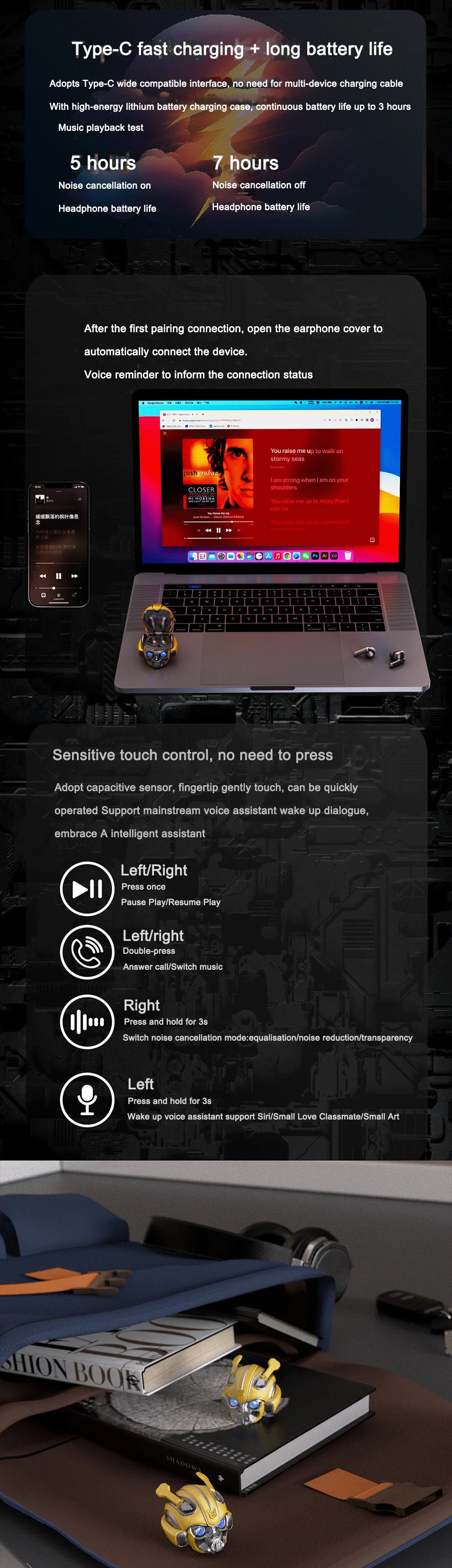 Genuine TRANSFORMERS H1 High-Quality Bluetooth Earphone Cool Bumblebee Mecha-shaped Wireless Headset High Quality Zinc Alloy