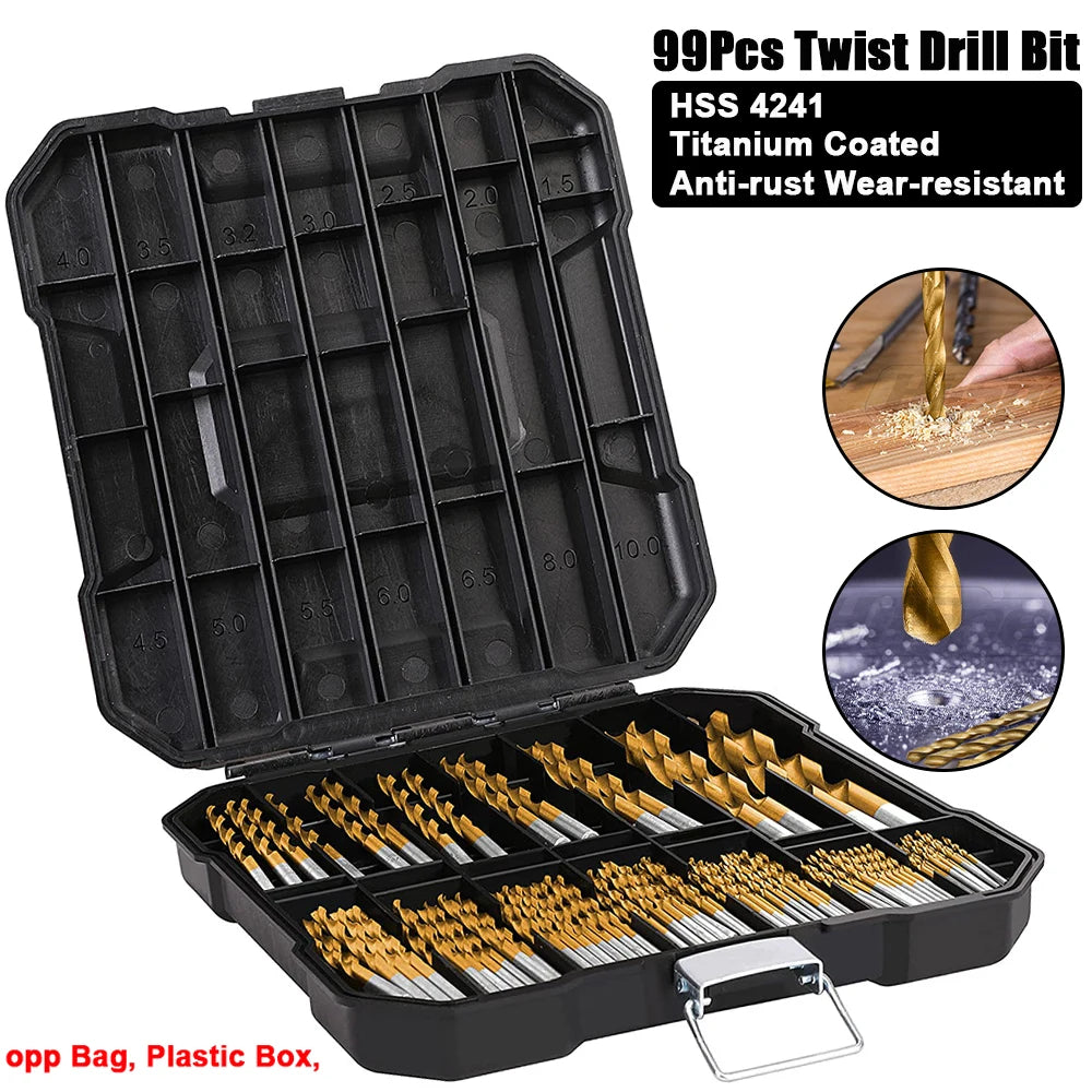 99Pcs HSS 4241 Twist Drill Bit Set Anti-rust Wear Protection Round Shank Titanium Drill Bits