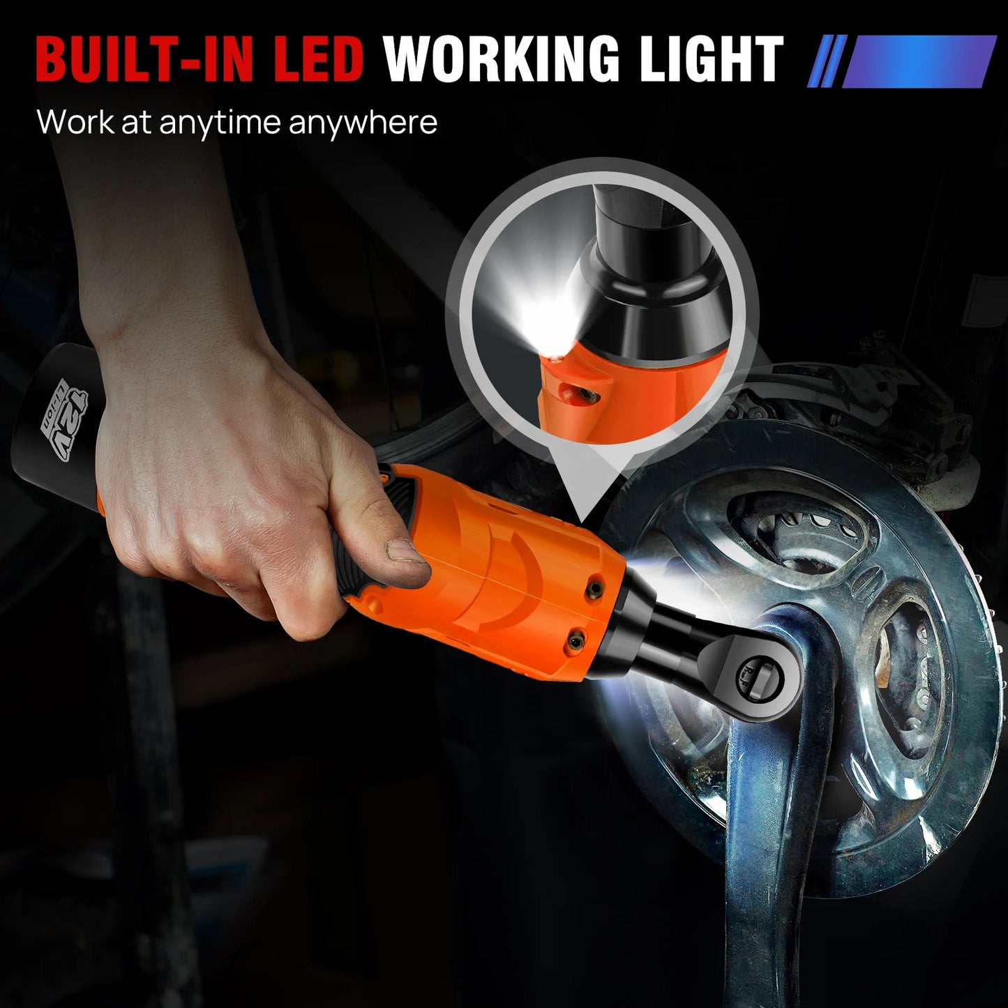 Cordless Ratchet Wrench,3/8" 12V Power Electric Ratchet Driver with 7 Sockets,Two 1500mAh Li-Ion Batteries