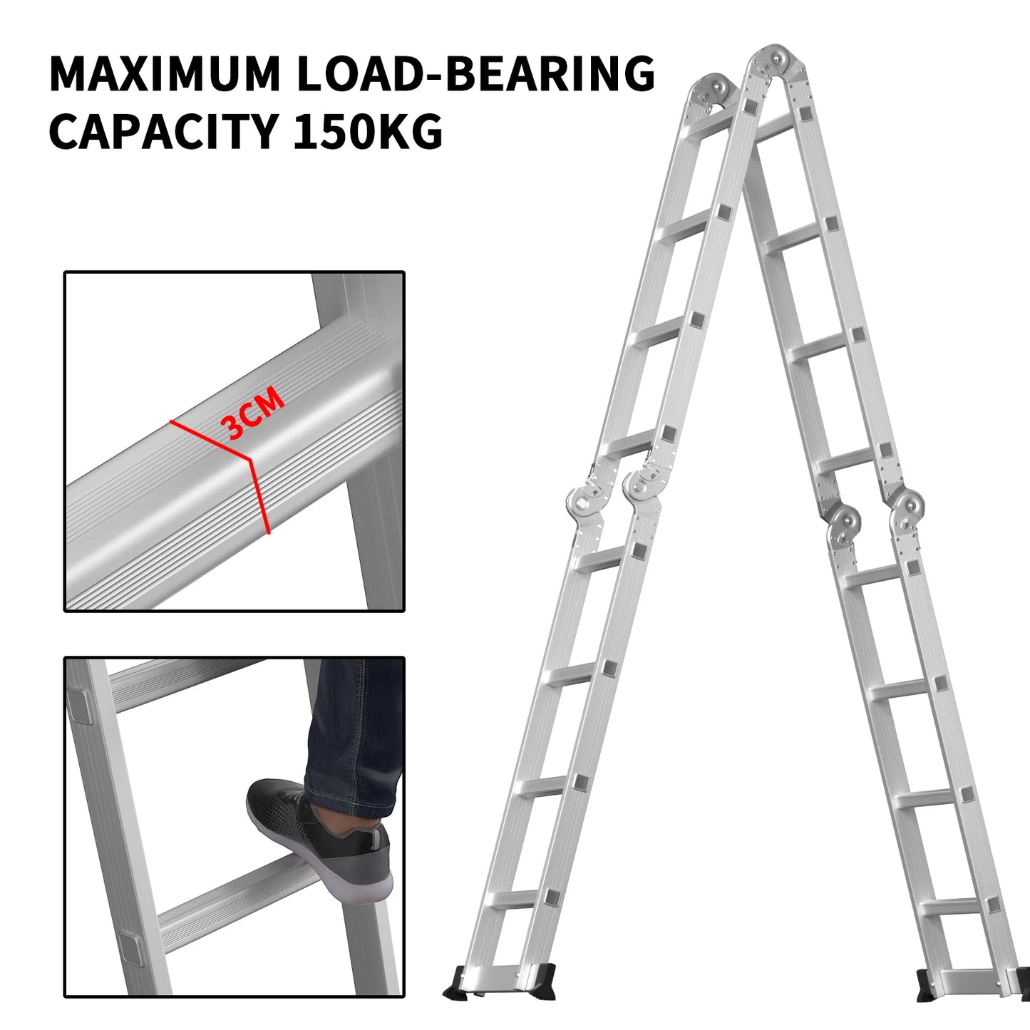 Multi-Purpose 4.7m/15.4ft Folding Ladder Aluminium Extension with Safety Platform, 16 Steps Heavy Duty 14 IN 1 Combination