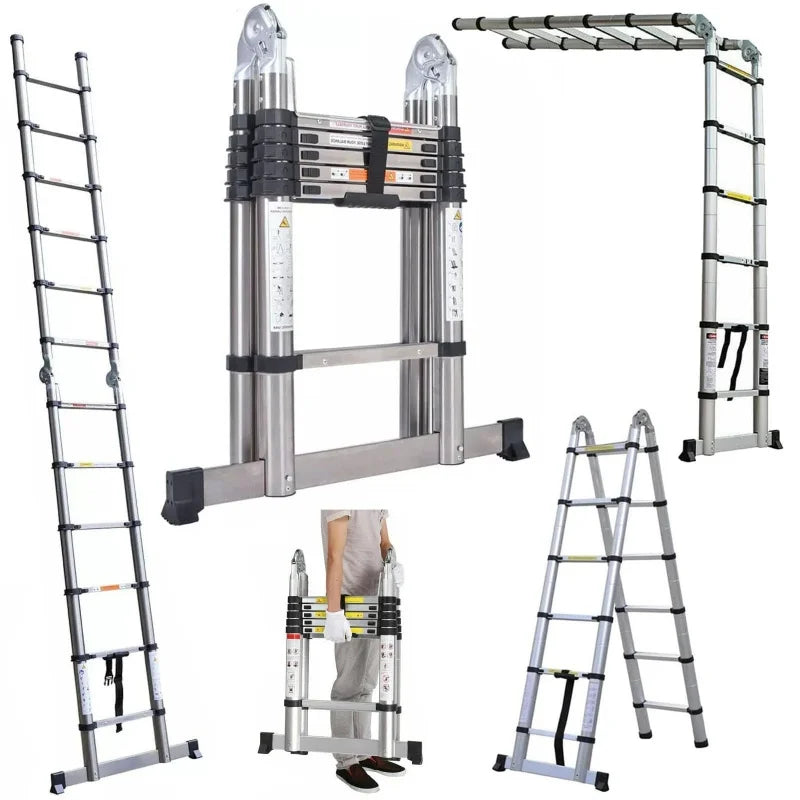 Heavy Duty Steel Telescopic Ladder 3.8m/5m A-Frame, 150kg Load Anti-Slip Stable w Stabilisers