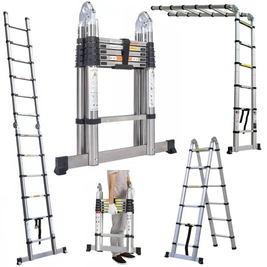 Heavy Duty Steel Telescopic Ladder 3.8m/5m A-Frame, 150kg Load Anti-Slip Stable w Stabilisers