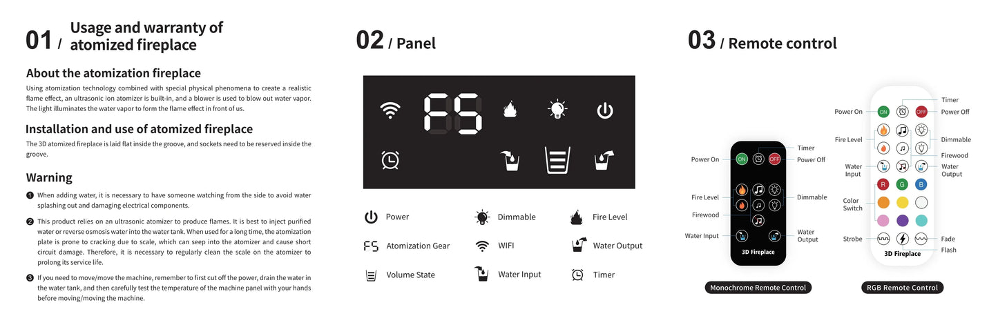 Water Electric Fireplace 3D Remote Control APP Interior Decoration Steam Mist Embedded Realistic Flame