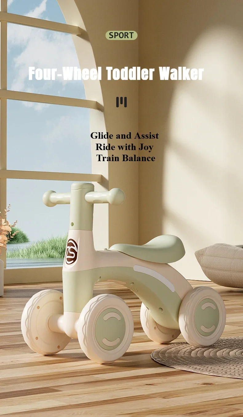 Anti-Tip Baby Balance Bike Ages 1-3 4-Wheel Silent Glider Walker Training Ride-On with Safety Wheels