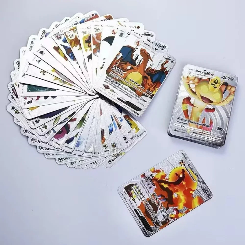 10-55Pcs Pokemon Gold Foil Cards Golden Letters English Spanish French German Game Card Metalicas Charizard Vmax Gx Series