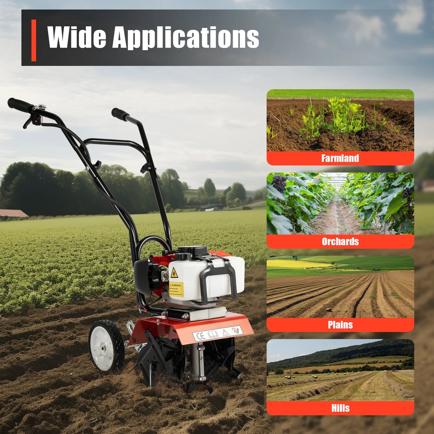 Powerful 52CC 1700W Garden Gasoline Tiller Cultivator Loosening Soil Machine