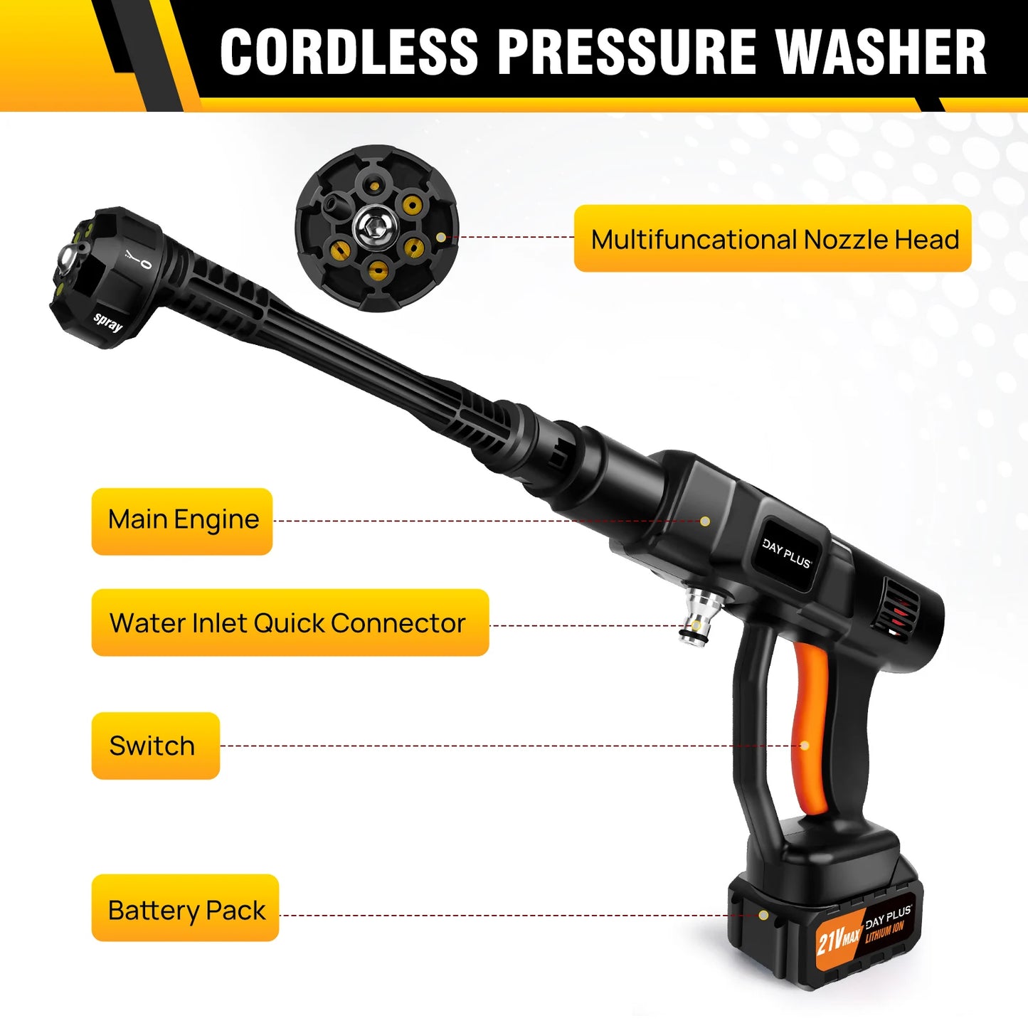 Cordless Portable Power Washer with  4.0Ah Battery 6-in-1 Nozzle, Handheld Brushless High-Pressure