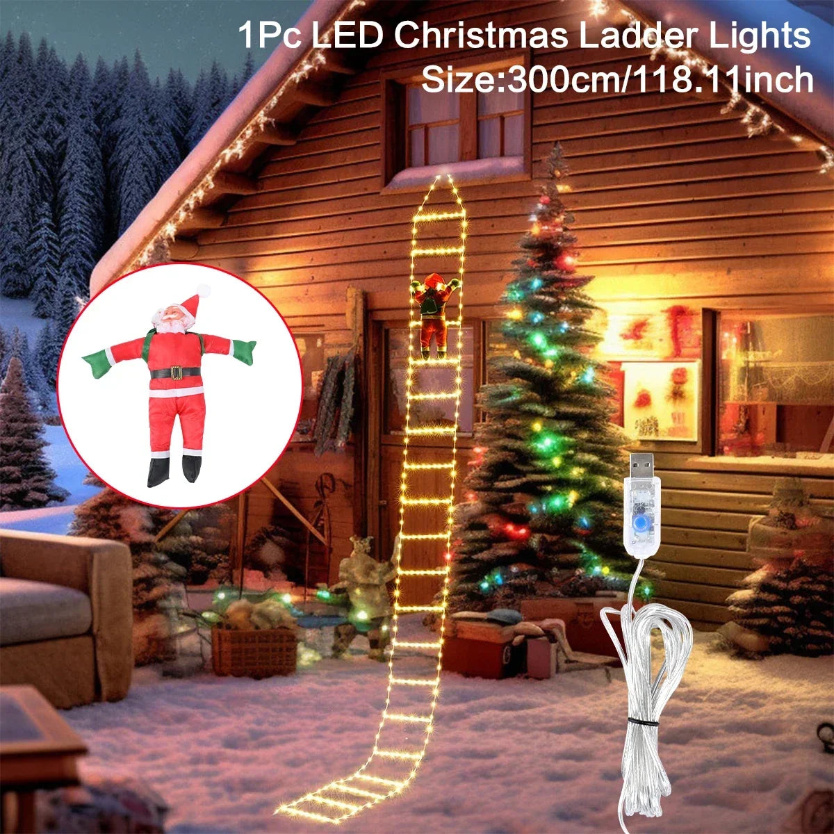 3M Santa Claus Climbing Ladder Warm Light Christmas Decoration Home Outdoor