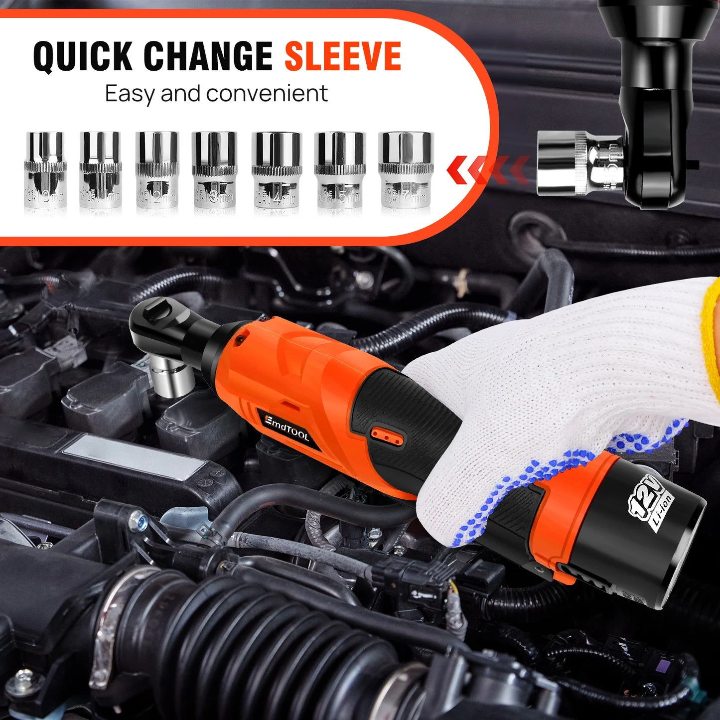 3/8’ 12 V Extended Cordless Ratchet for Car Repair, DIY Work, Automotive