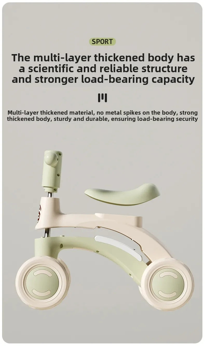 Anti-Tip Baby Balance Bike Ages 1-3 4-Wheel Silent Glider Walker Training Ride-On with Safety Wheels