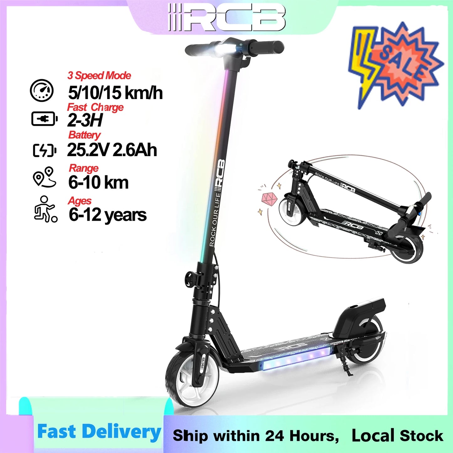 RCB R12 Electric Scooter for Kids Age 6-12, Rainbow Lights, 6.5" Foldable E Scooter, LED Display, Lightweight