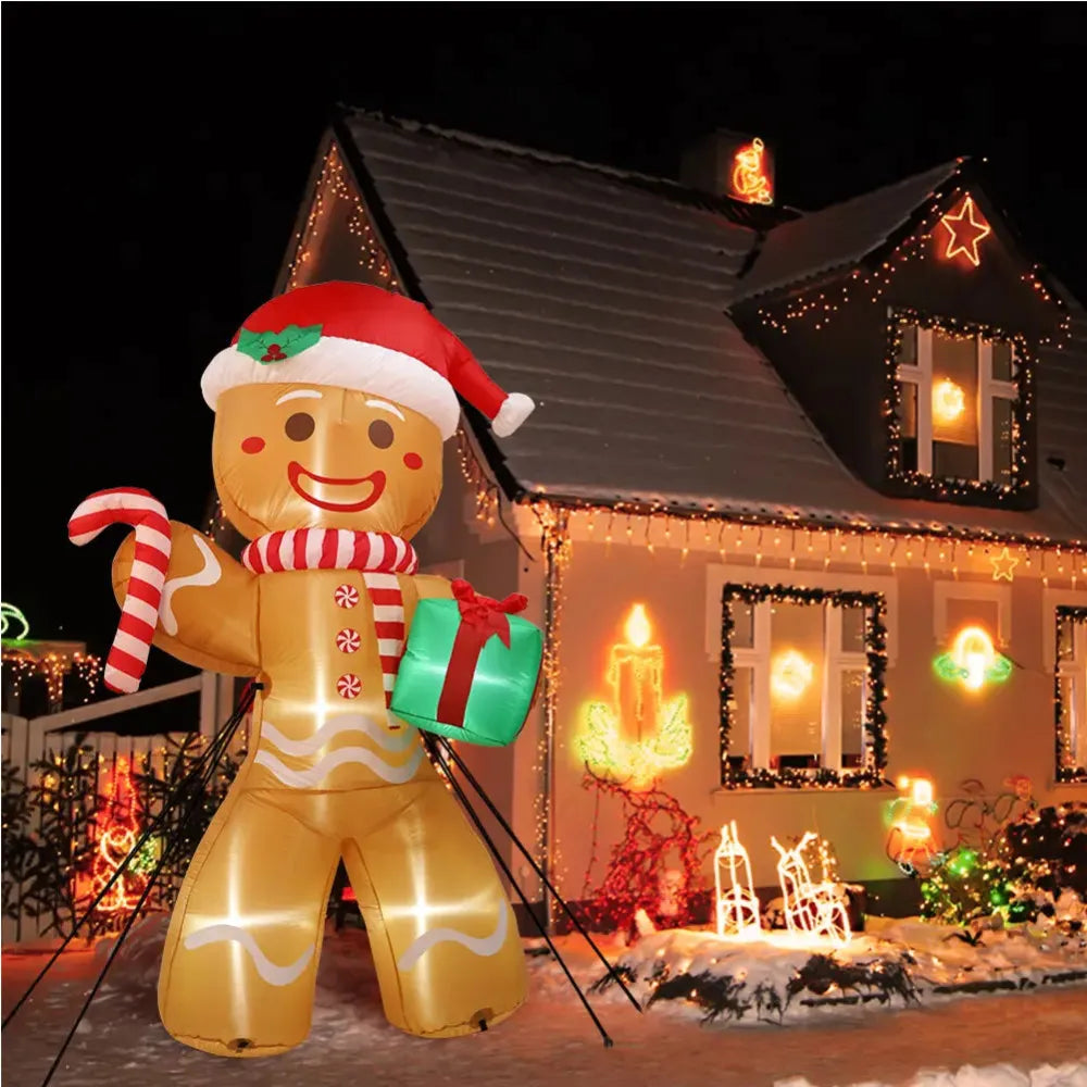 8FT/2.4M Christmas Inflatables Gingerbread Man with Gift Pack Xmas Yard Decorations