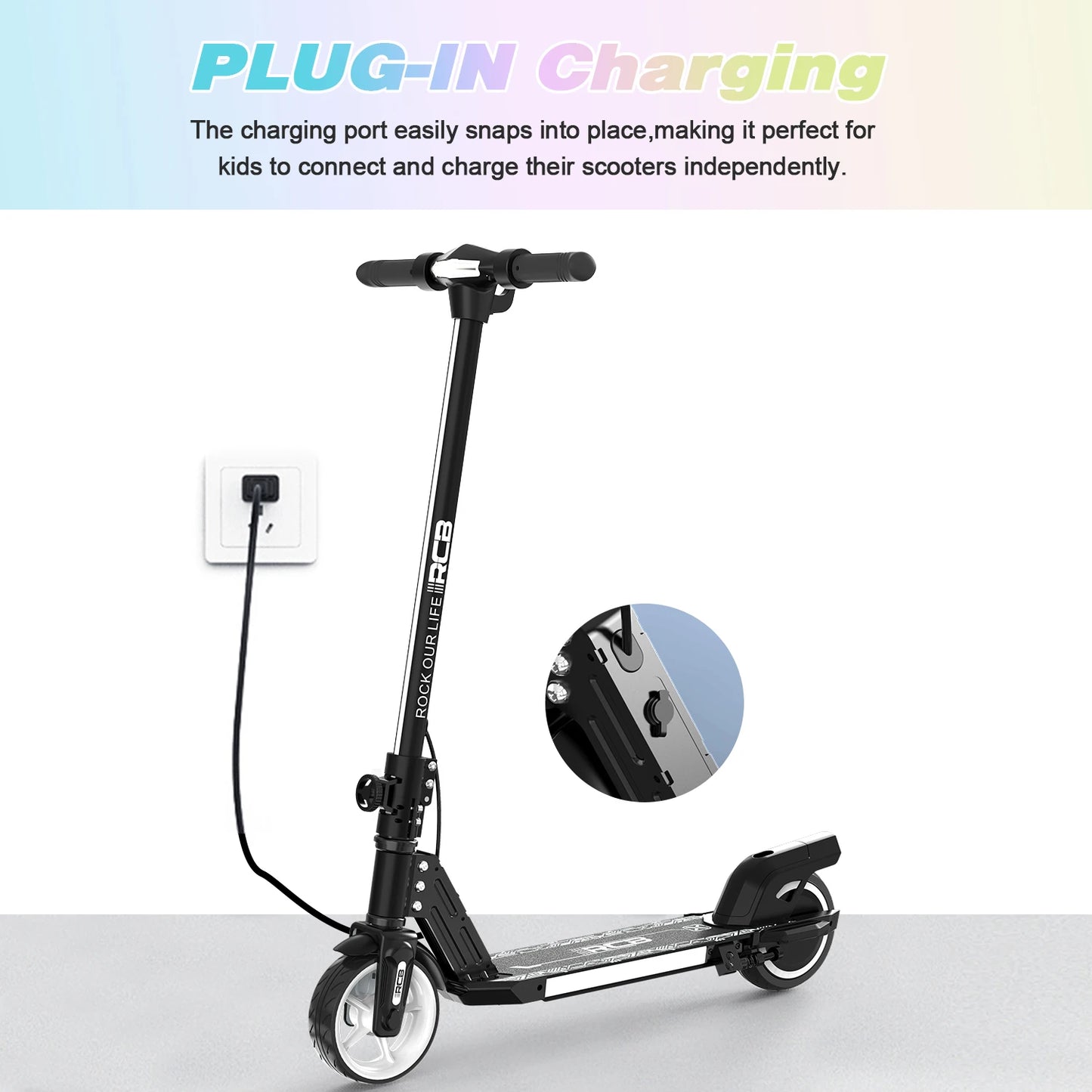 RCB R12 Electric Scooter for Kids Age 6-12, Rainbow Lights, 6.5" Foldable E Scooter, LED Display, Lightweight