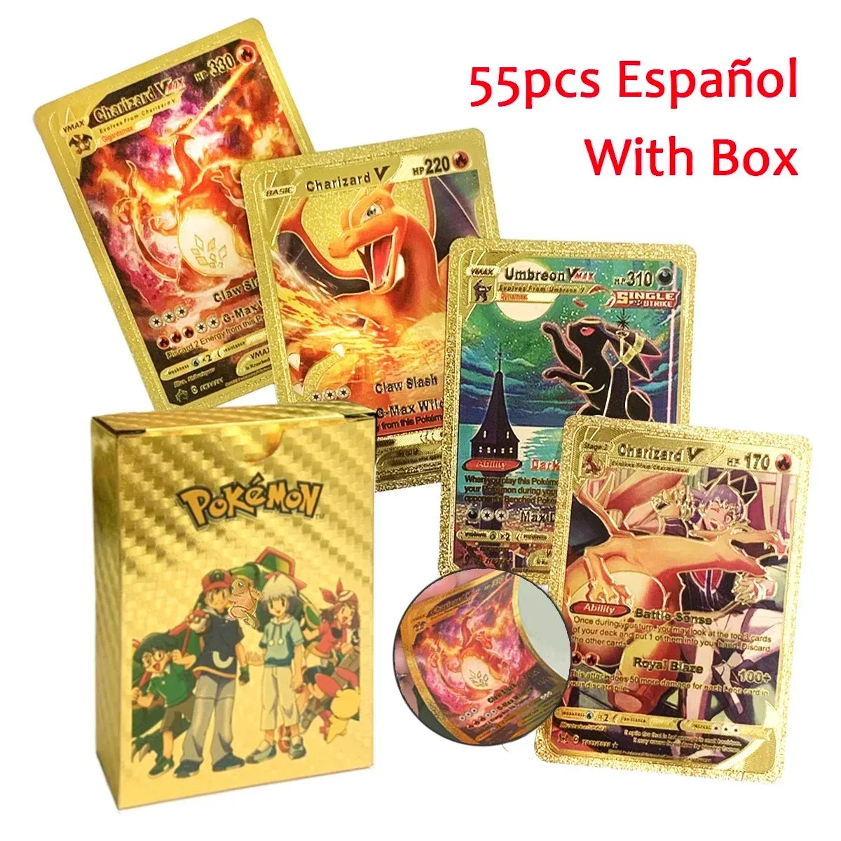 10-55Pcs Pokemon Gold Foil Cards Golden Letters English Spanish French German Game Card Metalicas Charizard Vmax Gx Series