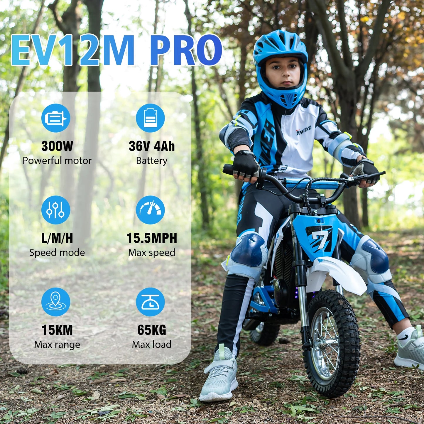 Children's Electric Dirt Bike EVERCROSS PLUS EV12M Pro - 300W, 25 km/h, 15 km Range, Bluetooth & LED, 12'' Tires