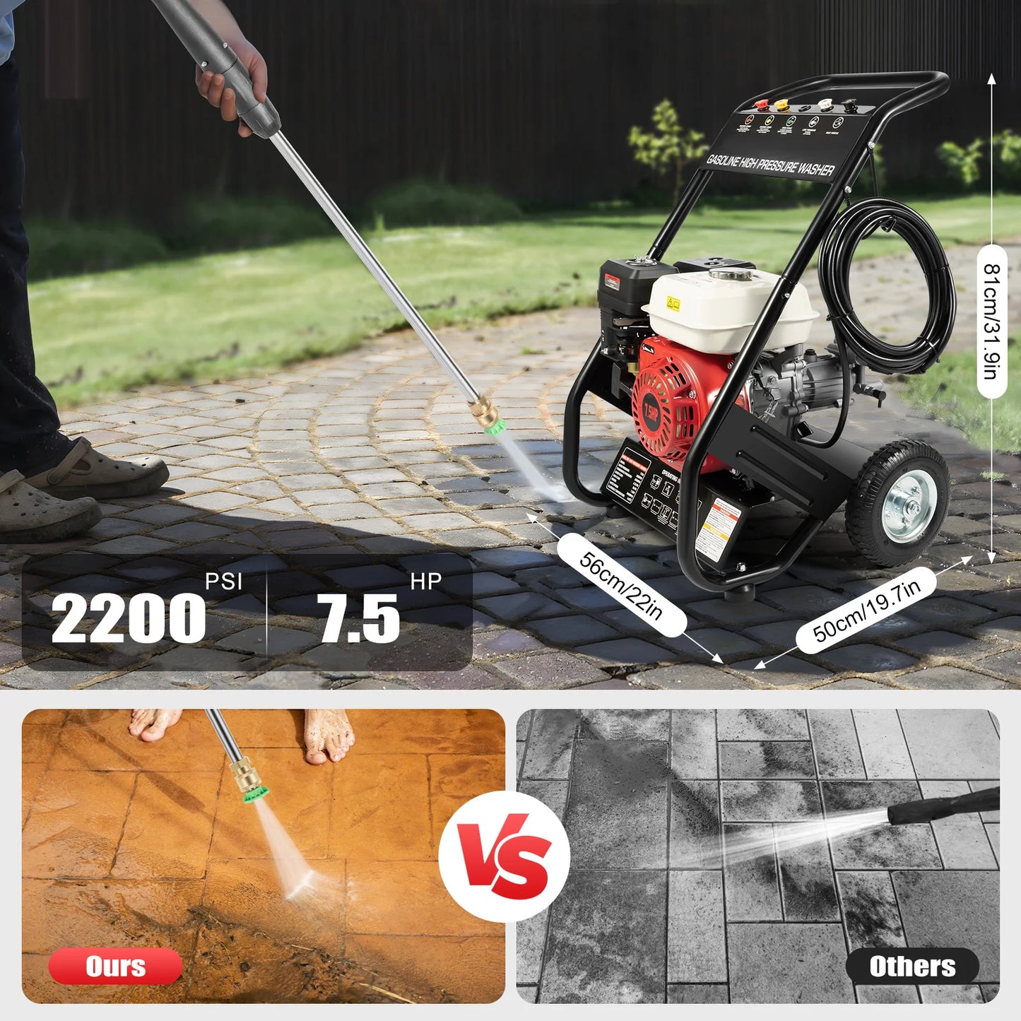 High-pressure Washer Gasoline Water Spray Gun, Pressure Dirt Machine 7.5HP Powerful, 170-190Bar