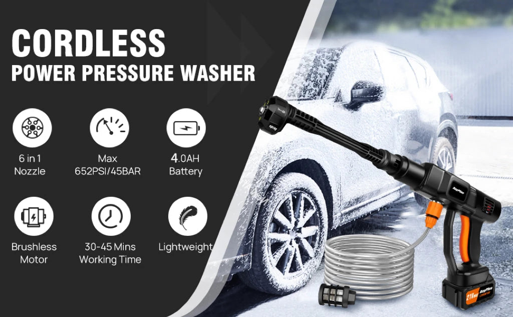 Cordless Portable Power Washer with  4.0Ah Battery 6-in-1 Nozzle, Handheld Brushless High-Pressure