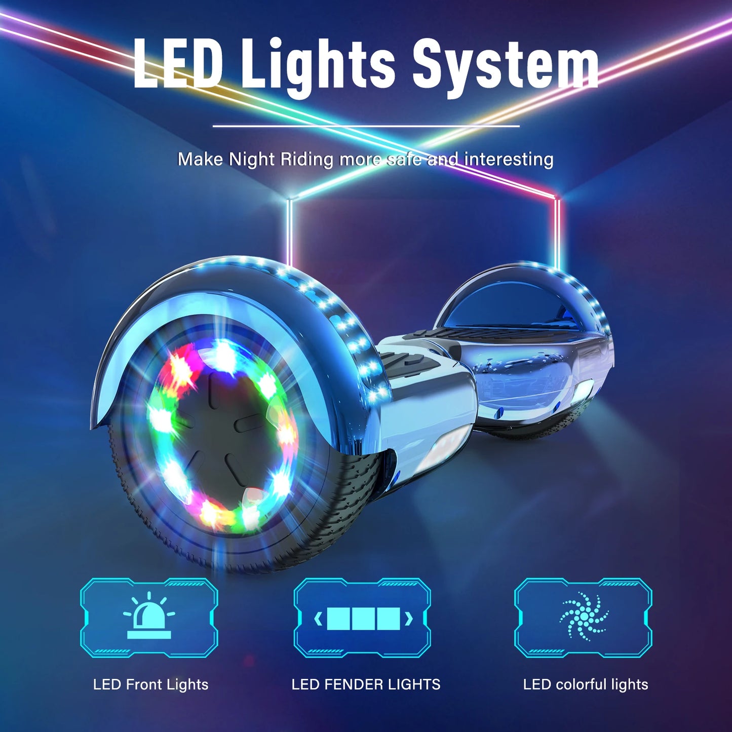 RCB 6.5-Inch Hoverboard with Go-Kart, Non-Slip Tire, LED Lights, Built-in Safety System, Electric Hoverboard for Kids & Adults